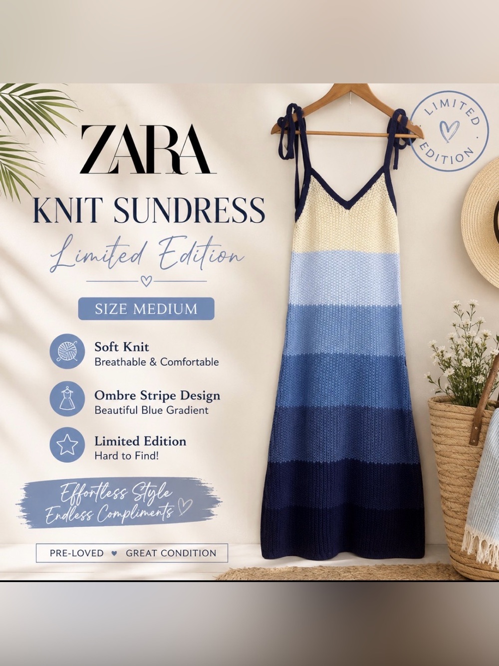 Zara Blue and cream limited edition knit sundress size S